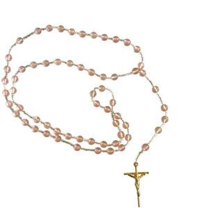 Pink glass rosary with gold tone cross